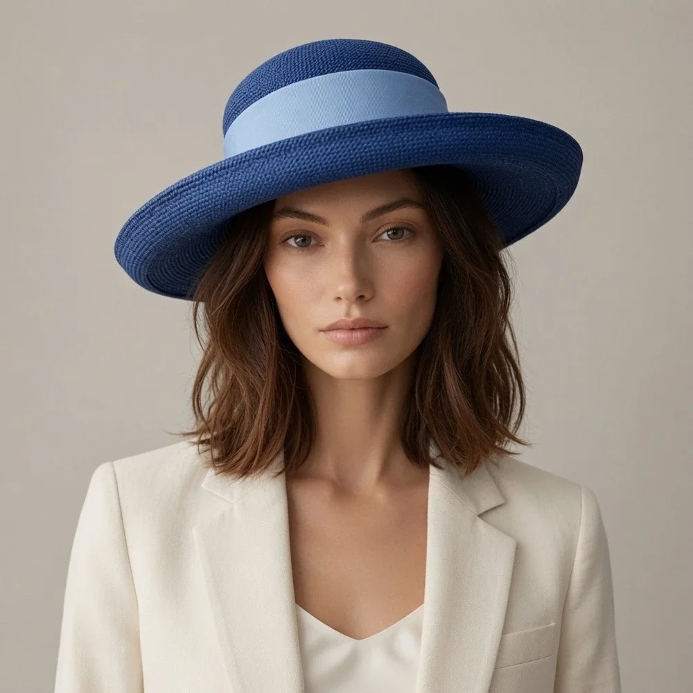 Vintage Royal Blue Straw Sun Hat with Light Blue Grosgrain Ribbon Bow Accent